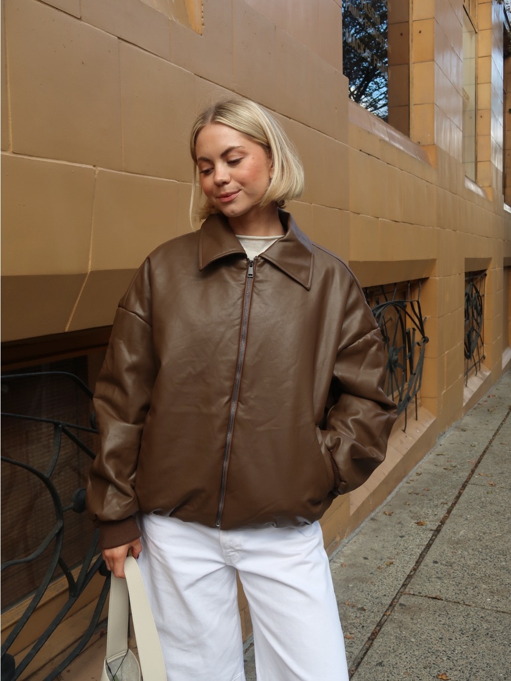 BRUNETTE THE LABEL FAUX LEATHER BOMBER JACKET